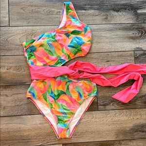 Krista Horton Colorful women’s  Swimwear with Pink Sash